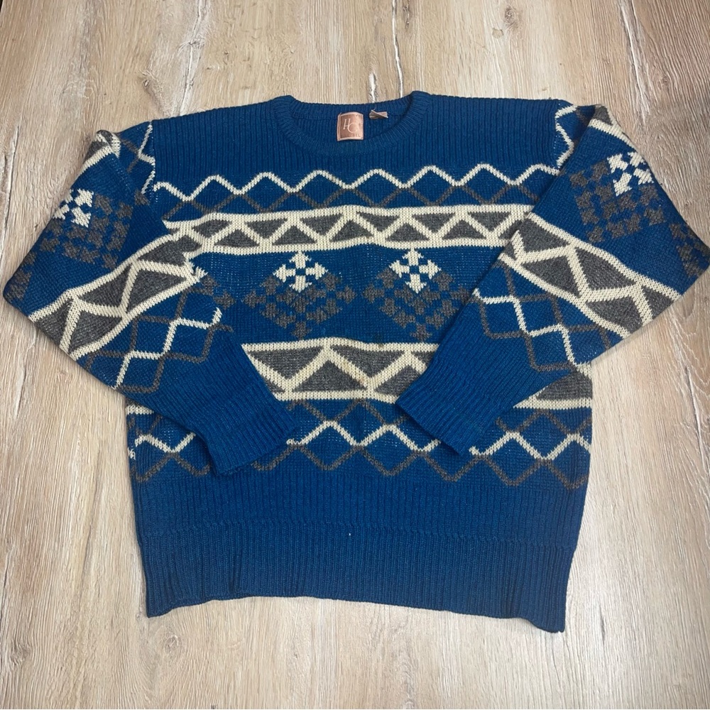 Vintage Henry Grethel Adults Shetland Wool Sweater L Blue Geometric Ski Grandpa